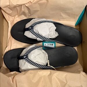 OluKai Blue and White Striped HO’OPIO Sandals